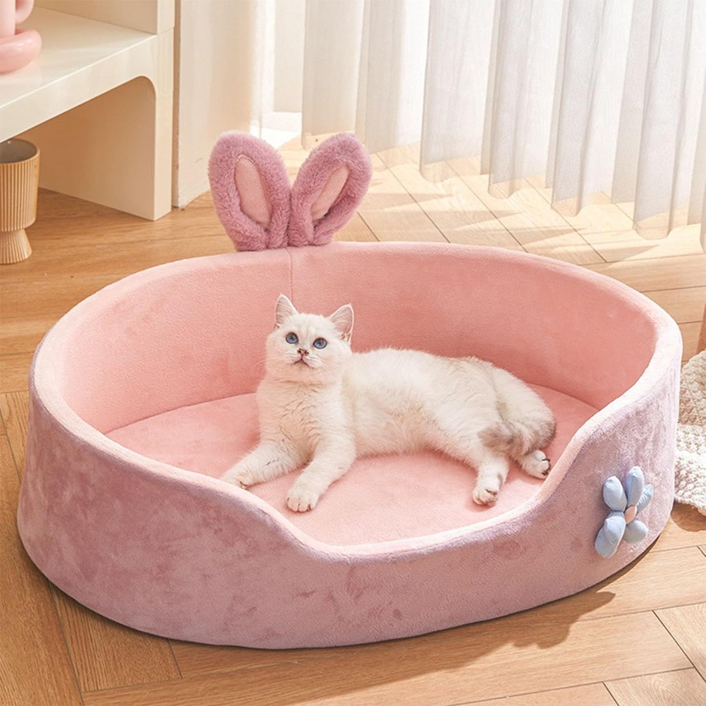 Cute Princess Dog Bed Pink Pet Bed Detachable Washable Dog Sleeping Bed Rabbit Ear Calming Dog And Cat Bed Soft Comfortable Warm Cat Bed For Small Medium Sized Breed Four Seasons