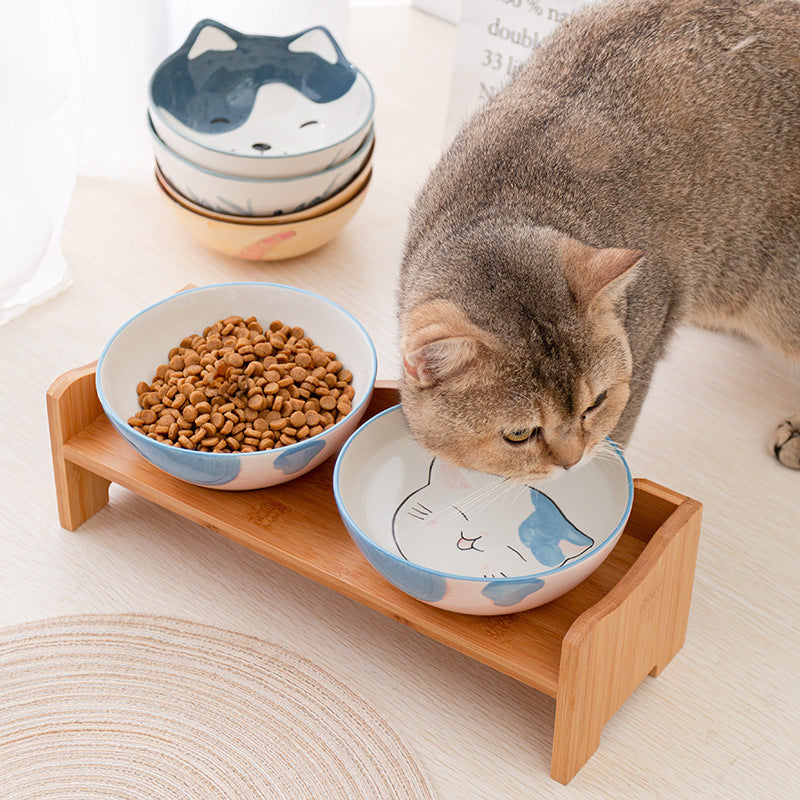 Ceramic Cat Bowl Shelf Protects The Cervical Spine, High Feet And Double Bowls