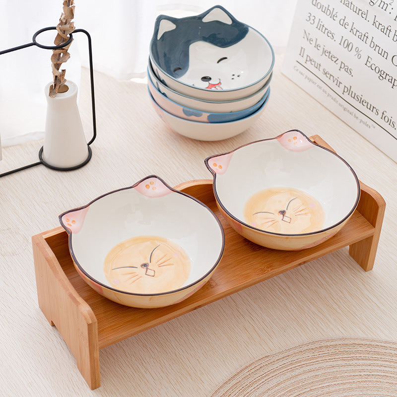 Ceramic Cat Bowl Shelf Protects The Cervical Spine, High Feet And Double Bowls